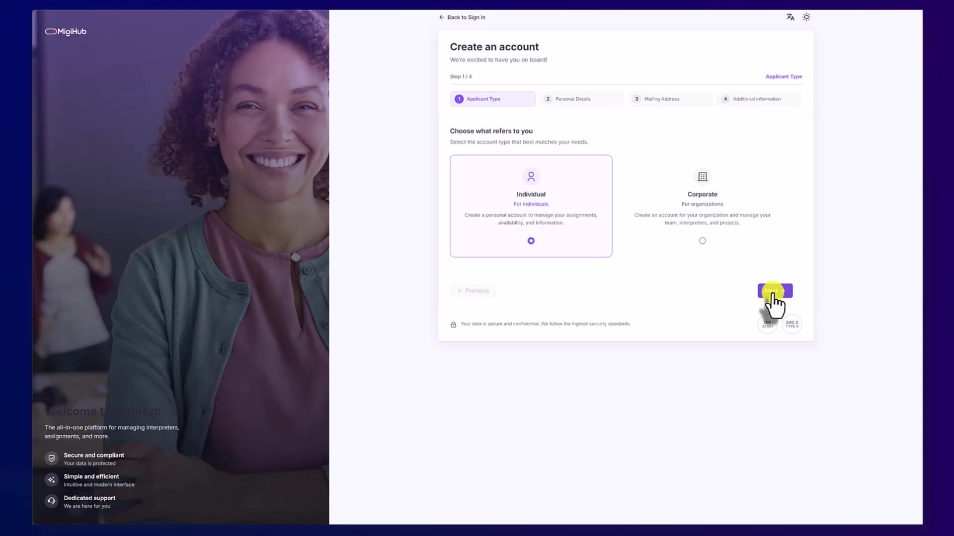 Individual account registration in the ACME MigiHub demo environment